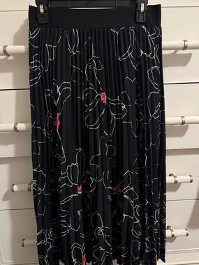Alfani Black Pleated Midi Skirt with White Floral Outline and Pink Accents
